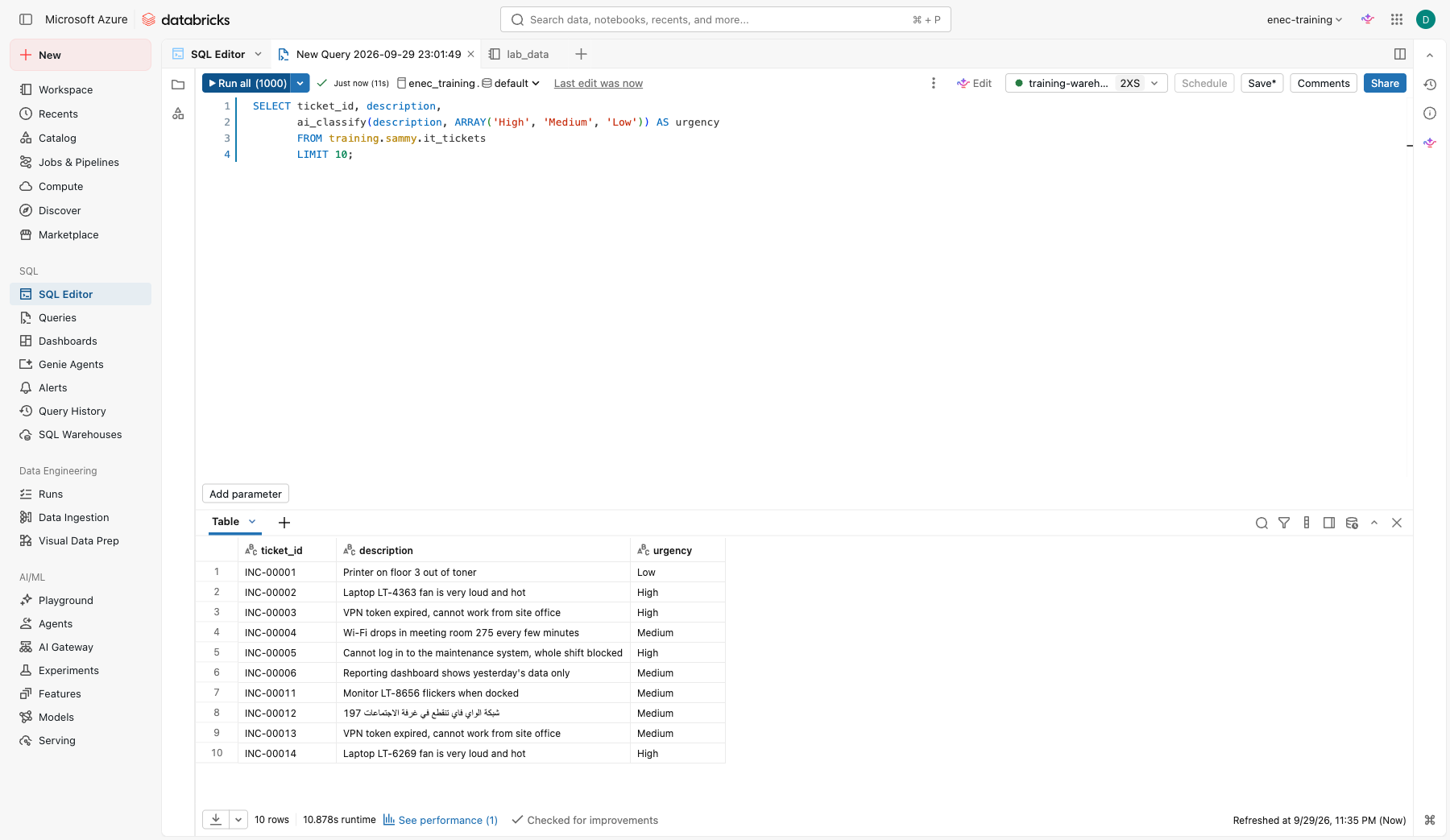 ai_classify result showing urgency and category columns, including a correctly classified Arabic ticket