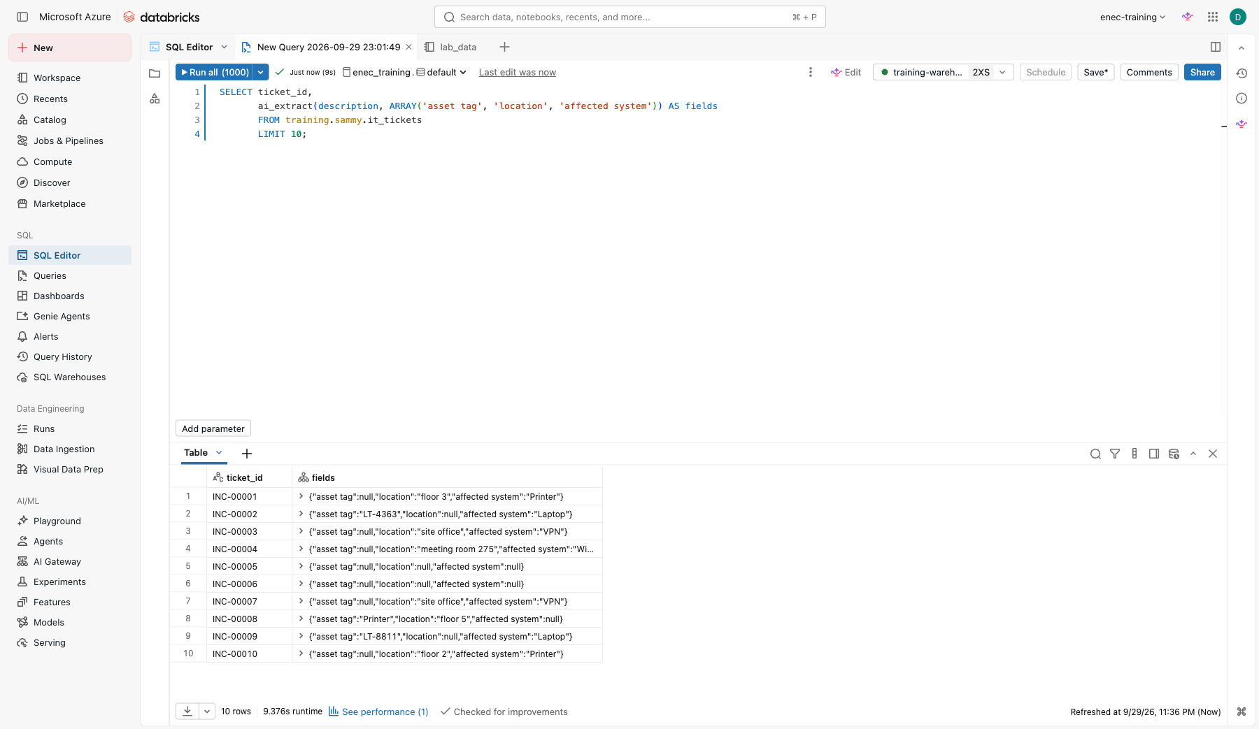 ai_extract result with a fields column holding the extracted asset tag, location and affected system