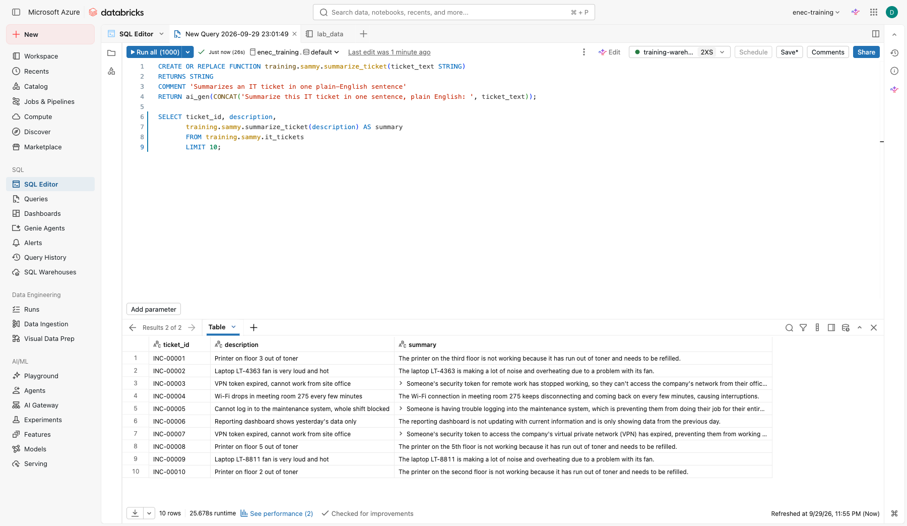 Custom summarize_ticket function called from SQL with the resulting one-sentence summaries