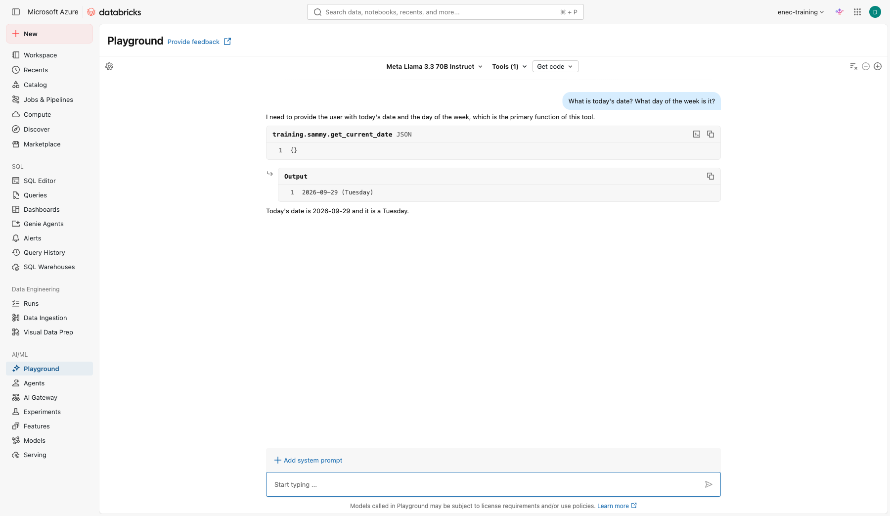 Playground correctly answering the date question after the get_current_date tool was added, instead of hedging